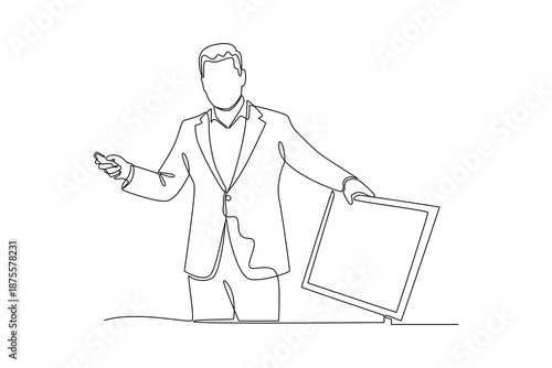 Businessman Holding Board While Presenting. Prensenting Concept. Single line draw design. Vector graphic illustration