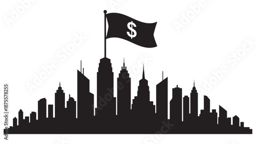 Solid Silhouette Illustration Of A Metropolitan Skyline With A Dollar Flag Raised Above The City Representing Financial Power, Investment Leadership And Economic Dominance