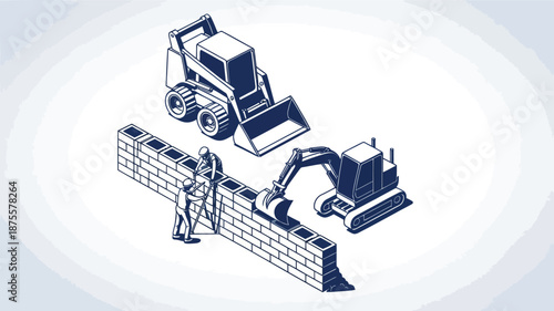 Construction workers building wall with heavy machinery