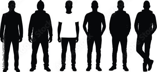 Six male silhouettes in varied postures and clothing styles on white background for identity comparison, fashion design, and character modeling applications.