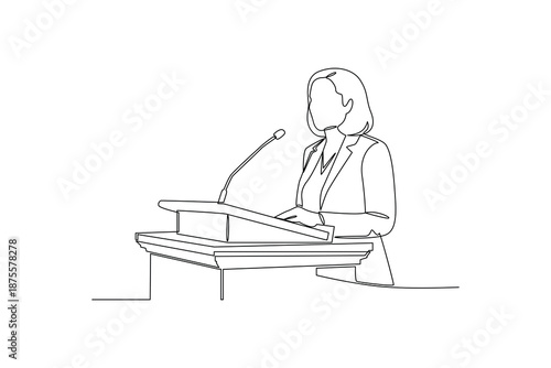 Businesswoman Presenting at Conference Podium. Prensenting Concept. Single line draw design. Vector graphic illustration