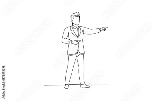 Businessman Pointing While Presenting an Idea. Prensenting Concept. Single line draw design. Vector graphic illustration