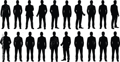   
Twenty male business silhouettes in varied standing poses on white background for posture analysis, character modeling, and non-verbal communication design themes.