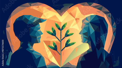 Geometric illustration of two faces forming heart with sprouting plant