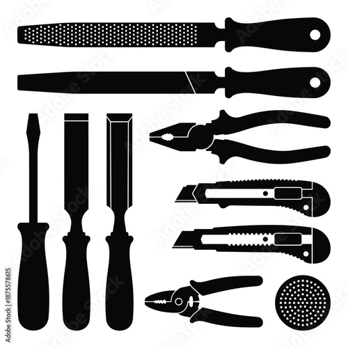 black silhouette illustration of various hand tools on white background