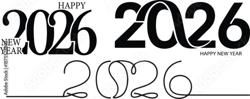 Collection of three unique black and white typographical designs celebrating the arrival of the new year