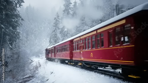 Vintage steam train traversing snowy forest landscape with winter atmosphere
