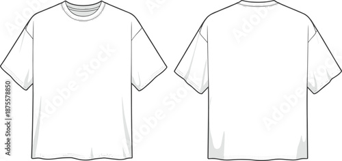 Blank white oversized t-shirt vector technical sketch template with front and back views for fashion design mockups and apparel clothing.
