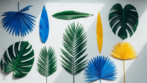 A vibrant and diverse collection of colorful tropical leaves on a wall