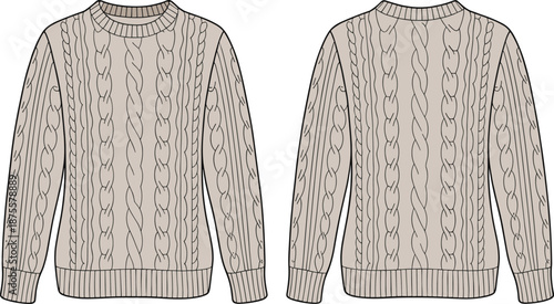 Cable knit sweater vector technical sketch template in beige color with front and back views for fashion design and apparel.