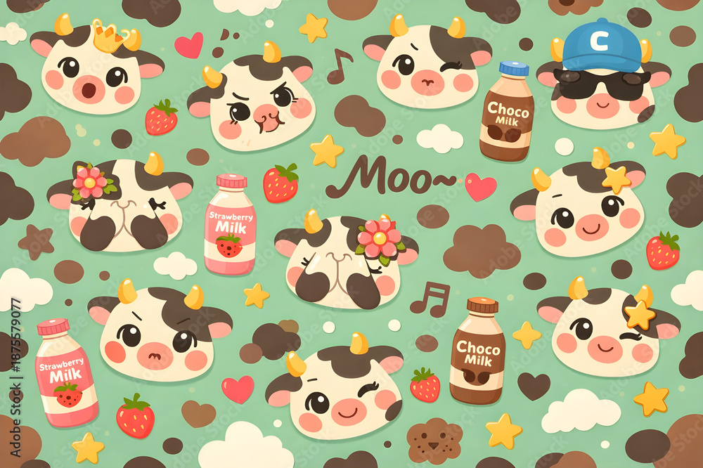 Fototapeta premium Cute Cow Cartoon Pattern Wallpaper with Milk Bottles and Strawberries.