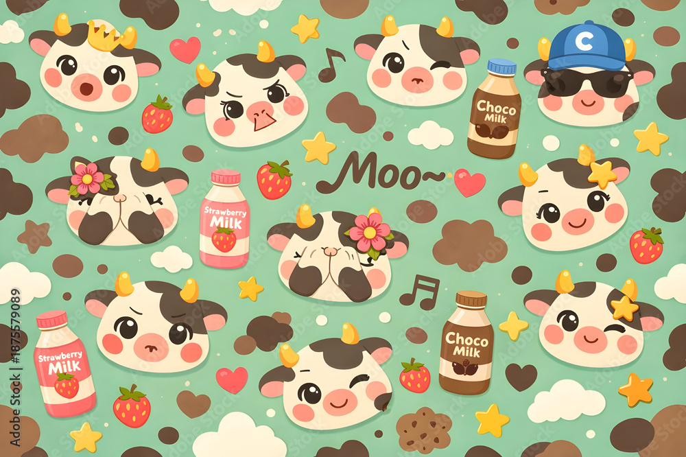 Fototapeta premium Seamless kawaii cow pattern featuring adorable dairy characters, milk bottles, strawberries, and stars on a mint green background.