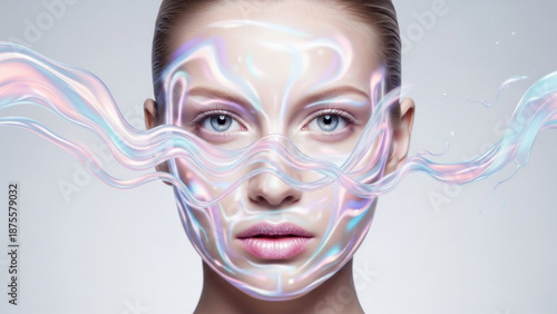 Woman with iridescent holographic lines on her face and neck