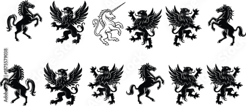 Grid of twelve mythical creature silhouettes including griffins, horses, and a unique white unicorn for fantasy, illustration, and visual puzzle design themes.