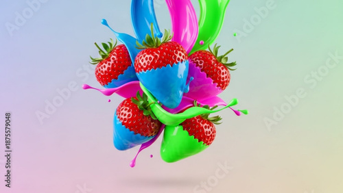 Vibrant colorful strawberries with splashes of paint in blue, green, and pink hues on a gradient background