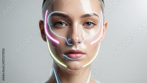 Woman with facial lines and markings on her face for beauty or medical analysis gray background