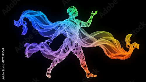 Vibrant rainbowcolored human figure with flowing smokelike tendrils