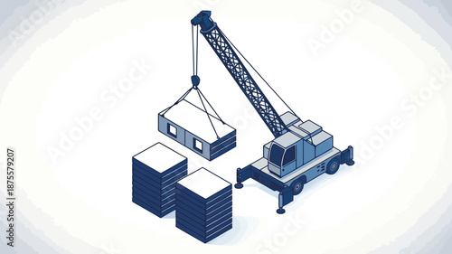 Construction crane lifting building block with stacks nearby