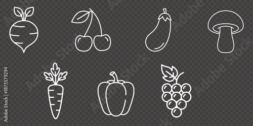Set of 7 Food Icons. Vector Line Art of Healthy Organic Produce for Grocery and Web Design.