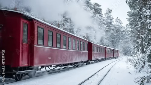 Vintage steam train traversing snowy forest landscape with winter atmosphere