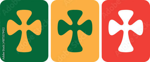 Minimalist Retro Cross Icons on Green Yellow and Red Rectangular Backgrounds