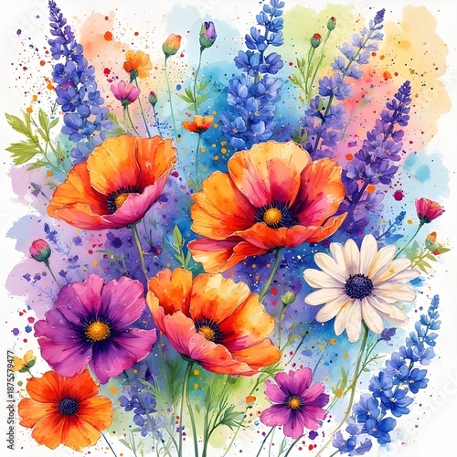 Wallpaper Mural vibrant, colorful watercolor-style flower artwork featuring poppies, delphiniums, cosmos, Perfect for wall art prints, home decor, greeting cards, wedding invitations, digital backgrounds Torontodigital.ca