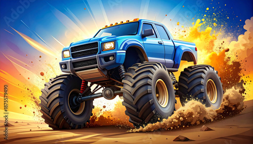 Colorful Monster Truck Vector Illustration with Dirt Explosion
