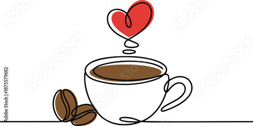 A minimalist line art illustration of a coffee cup and coffee beans. The cup is drawn with continuous black lines