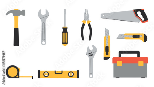 Assorted Carpentry Tools and Toolbox Illustration.