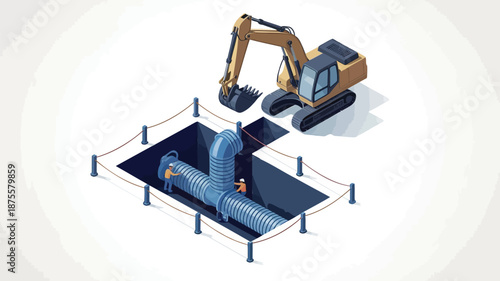 Workers installing large pipe in excavation site with excavator