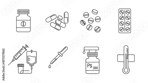 Medical Supplies and Medication Icons Set.