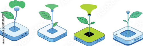 Sequence of four illustrations showing plant growth stages emerging from a tech device, symbolizing innovation, connectivity, and nature-technology integration for concept design.