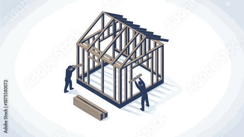 Workers constructing wooden house frame on building site