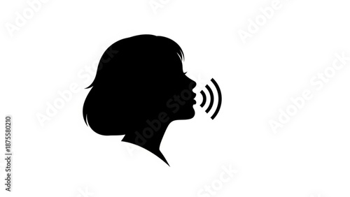 A black silhouette of a woman speaking with sound waves coming out of her mouth