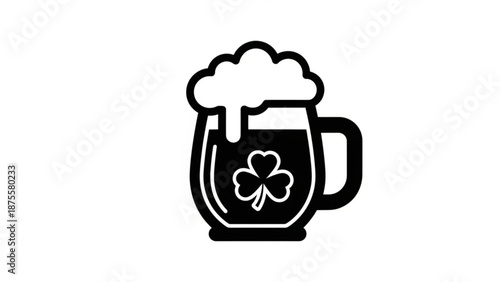 A black and white vector graphic of a beer mug with a shamrock on St. Patrick's Day
