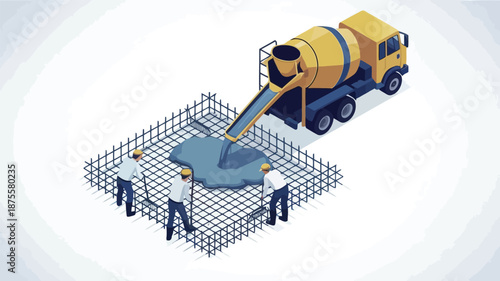 Construction workers pouring concrete foundation with cement mixer