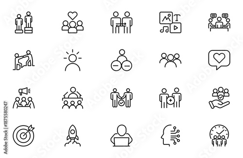 Community line icon set. People, hands, hearts, cooperation, and social connections drawn in unifying minimalist style. Thin outline icons pack. Vector illustration