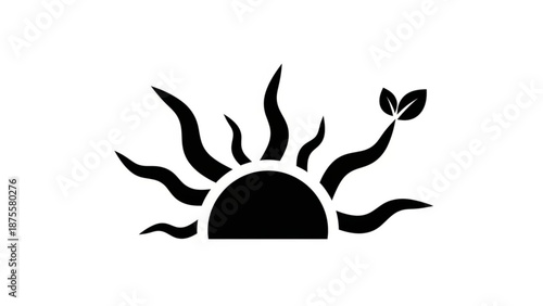 A minimalist vector graphic of a rising sun with a sprouting plant
