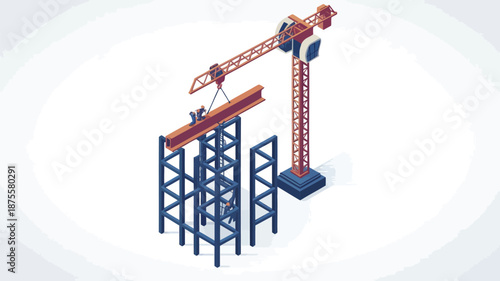 Construction crane lifting steel beam for high-rise building framework