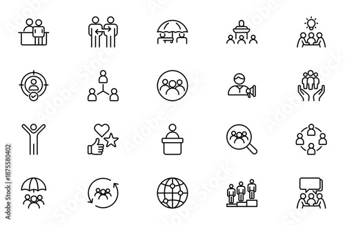 Community line icon set. People, hands, hearts, cooperation, and social connections drawn in unifying minimalist style. Thin outline icons pack. Vector illustration