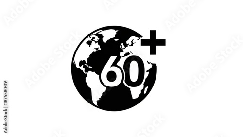 A black and white vector graphic of a globe with a plus sign and the number 60