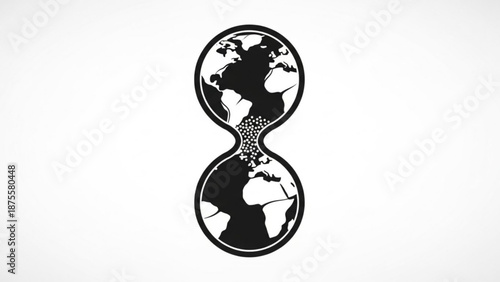 A black and white vector graphic illustration of a globe in an hourglass shape