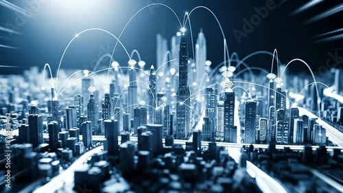 Futuristic cityscape showcasing advanced architecture with digital connections, symbolizing urban innovation and connectivity.