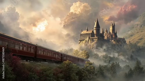 Vintage train ascends hill towards imposing castle in dramatic landscape