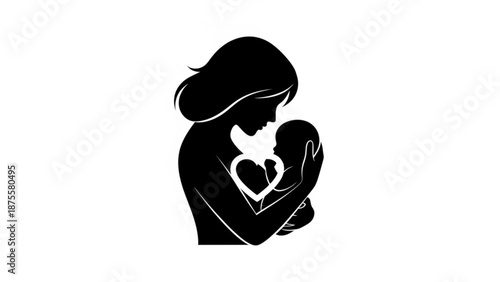 A minimalist vector graphic of a mother holding her baby with a heart