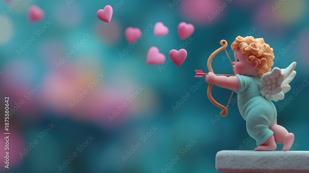 Fototapeta premium Petit cupidon aux ailes blanches tirant une flèche entouré de cœurs roses