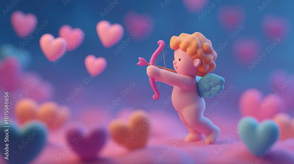 Fototapeta premium Cupidon tenant son arc au milieu de cœurs flottants dans un décor féérique