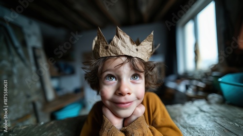 Enfant souriant portant une couronne dorée dans une cuisine rustique