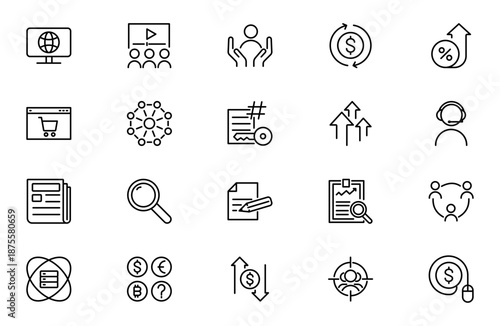 Trading Outline icon set. Containing Bank, Currency Exchange, Cheque, Security Guard, Money Transfer, Loan. Thin outline icons pack. Vector illustration