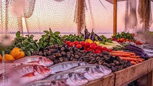 Fresh seafood and vibrant vegetables displayed at a market during sunset, creating a colorful feast for the senses.